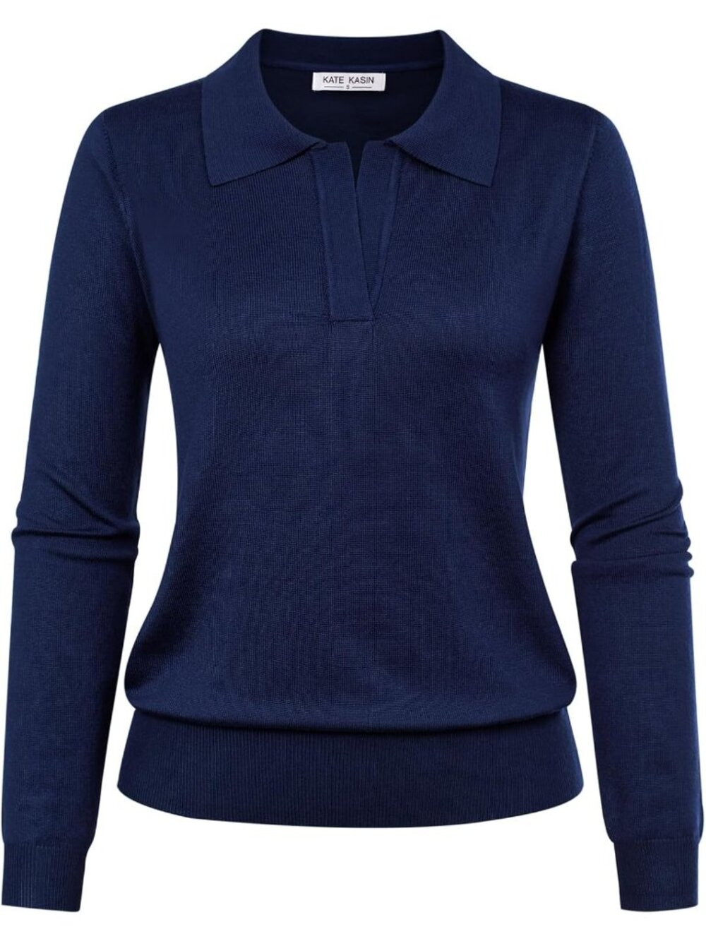 Kate Kasin Women's Navy Blue V Neck Long Sleeve Classic Knitted Polo Sweaters